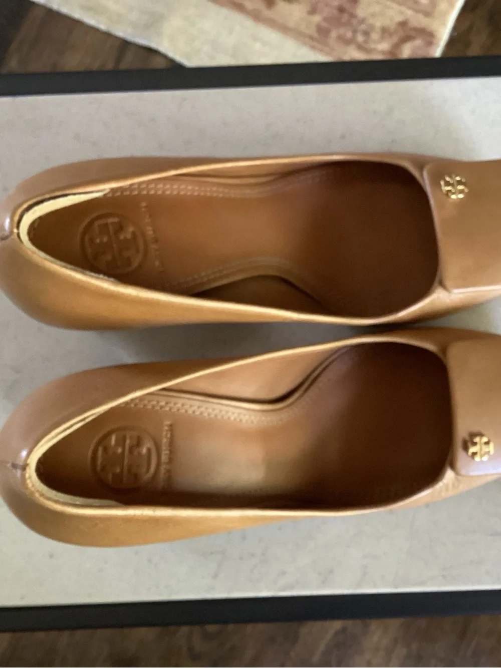 Tory Burch Tan Leather Block Heel Pumps with Gold Logo
